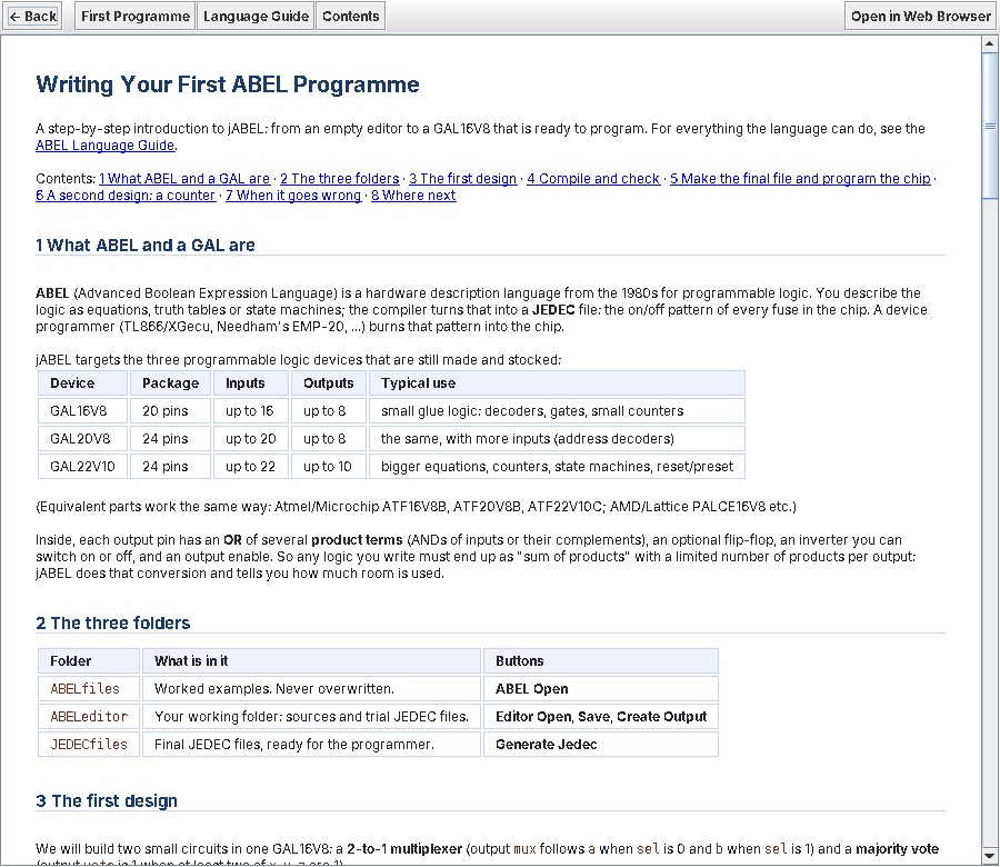 The Writing Your First ABEL Programme guide in the jABEL help window